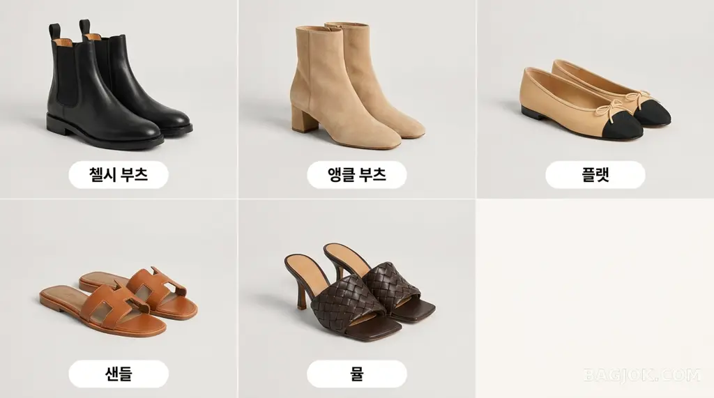 부츠와 플랫 샌들 뮬