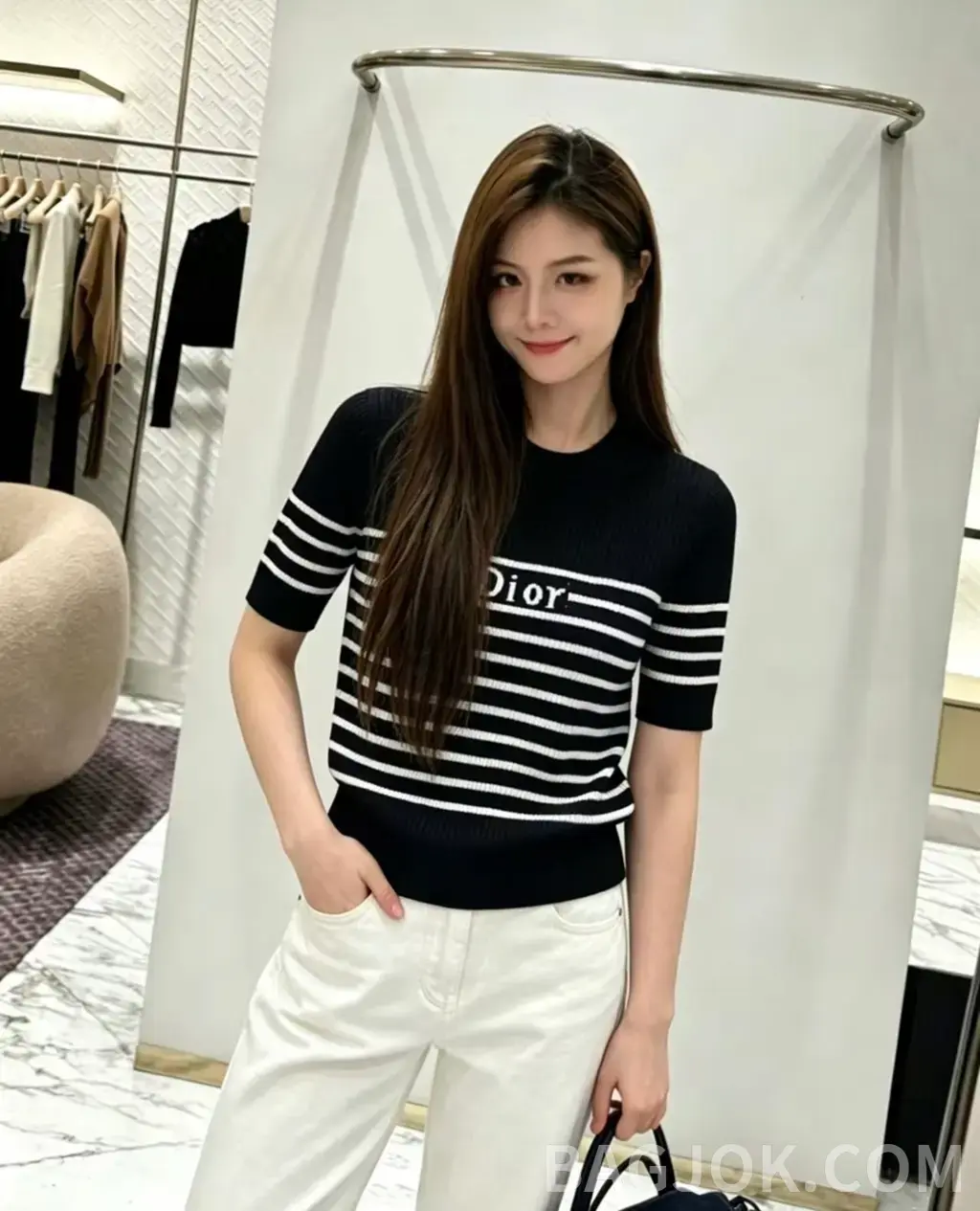디올 디올 스트라이프 리브드 크루넥 반팔 니트 상세 이미지