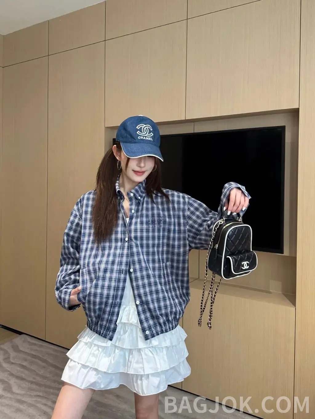 미우미우 미우미우 블루 체크 코튼 봄버 셔츠 자켓 상세 이미지