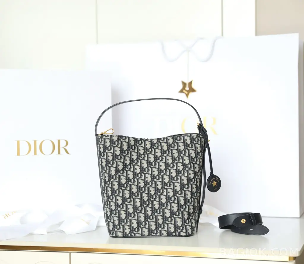 디올 디올 Diorstar 스몰 버킷백 블루 오블리크 자카드 상세 이미지