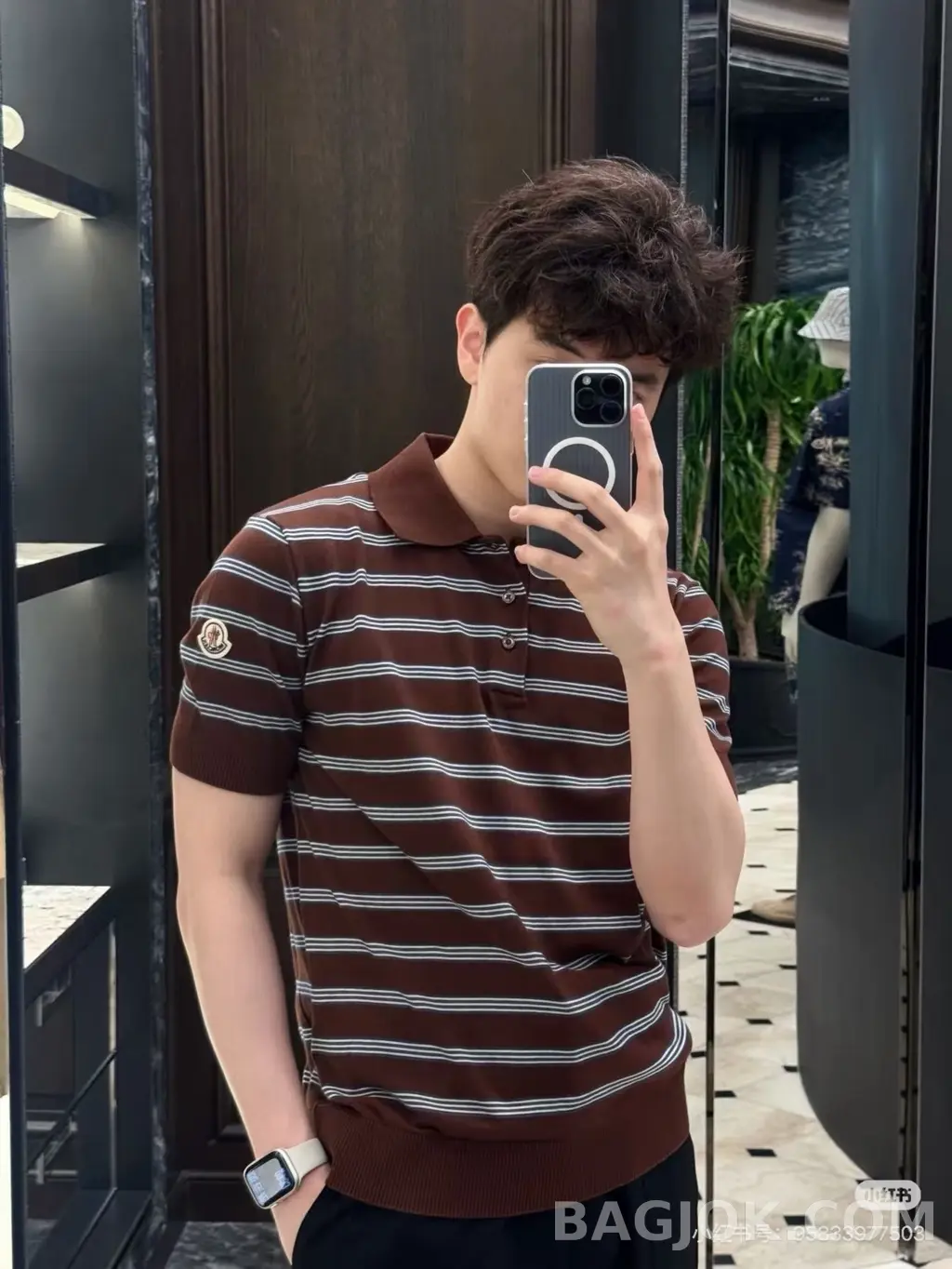 몽클레어 Moncler 브라운 스트라이프 코튼 니트 폴로 셔츠 상세 이미지