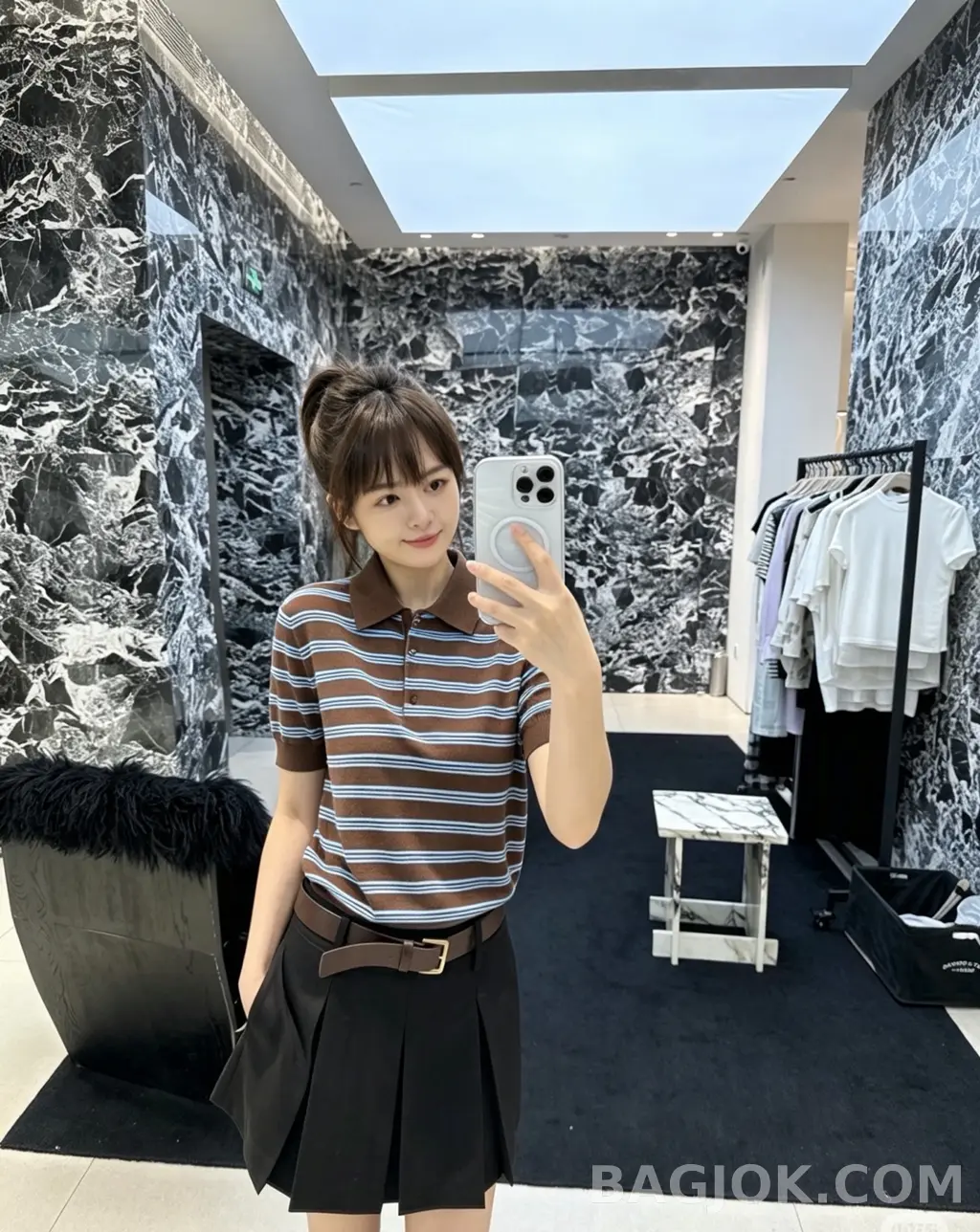 몽클레어 Moncler 브라운 스트라이프 코튼 니트 폴로 셔츠 상세 이미지