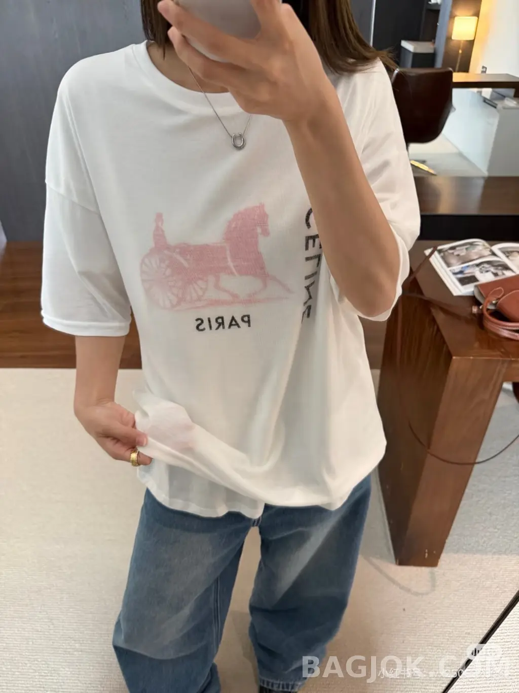 셀린느 Celine 카레지 레드 그라데이션 화이트 코튼 티셔츠 상세 이미지