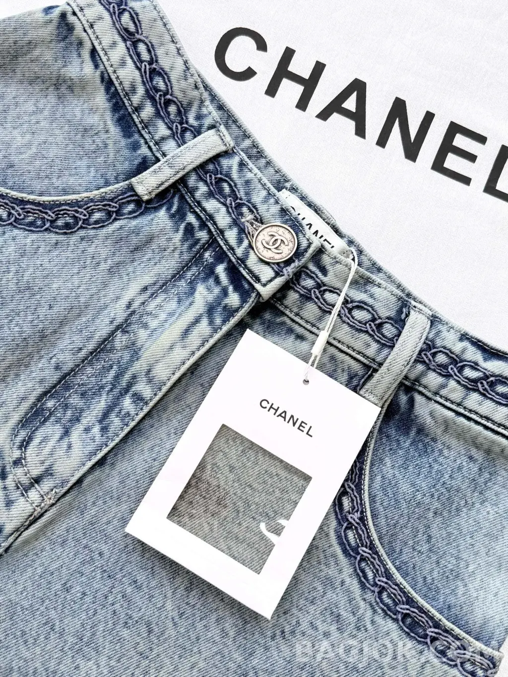 샤넬 Chanel 체인 자수 와이드 데님 팬츠 상세 이미지