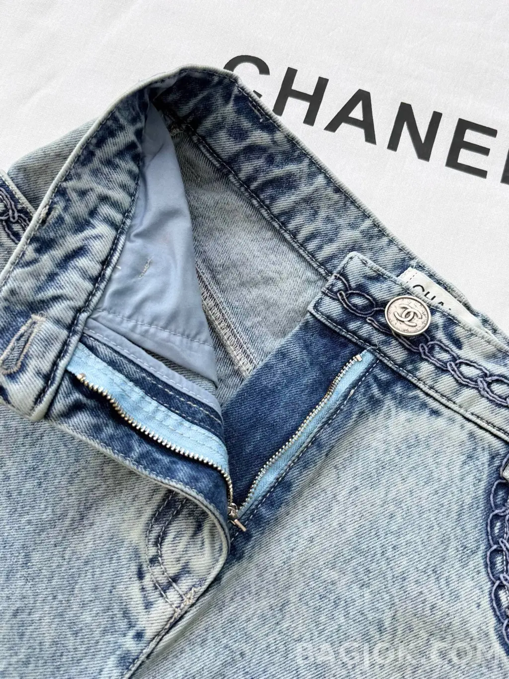 샤넬 Chanel 체인 자수 와이드 데님 팬츠 상세 이미지