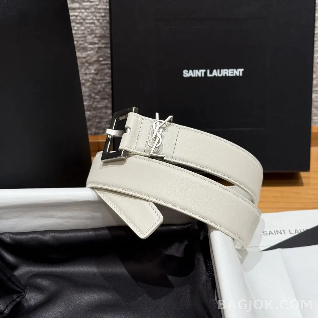 생로랑 생로랑 YSL 모노그램 레더 벨트 화이트 30mm 상세 이미지