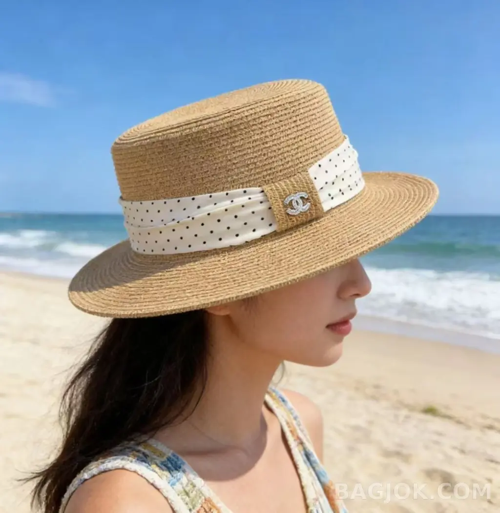 null 샤넬 도트 리본 라피아 보터 햇 상세 이미지