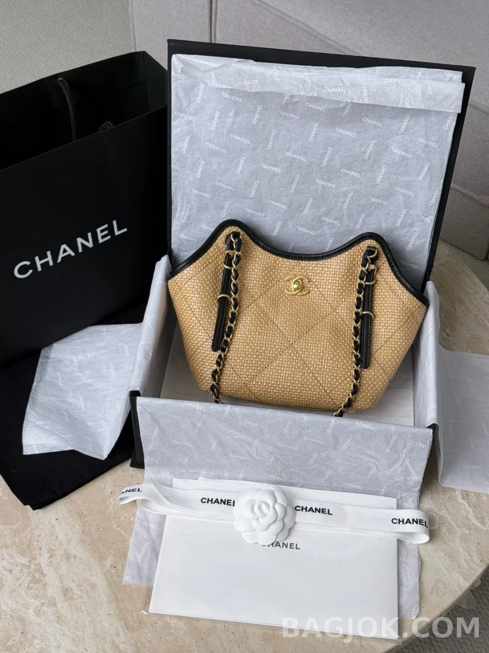 샤넬 Chanel 26C 브레이드 라피아 카프스킨 스몰 쇼핑 백 상세 이미지