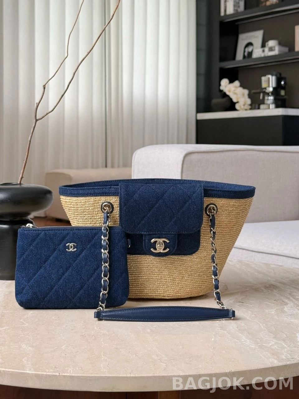 샤넬 Chanel 26m 라피아 스몰 쇼핑백 데님  상세 이미지