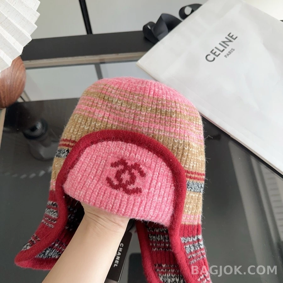 샤넬 샤넬 로고 스트라이프 니트 모자 상세 이미지