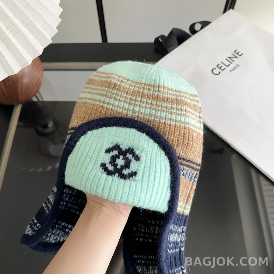샤넬 샤넬 스트라이프 로고 니트 모자 상세 이미지