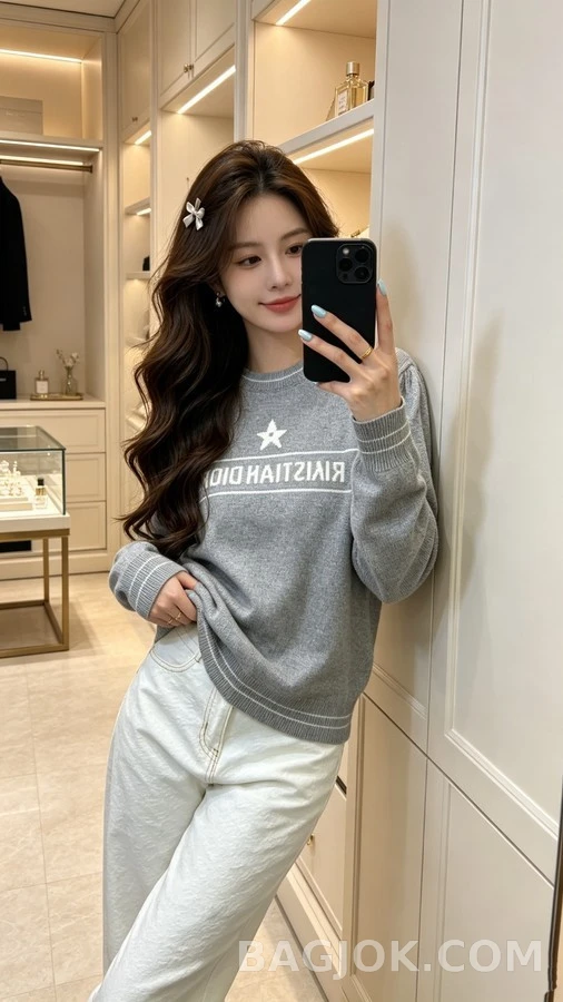 디올 디올 레터링 스타 로고 퍼프 슬리브 니트 상세 이미지