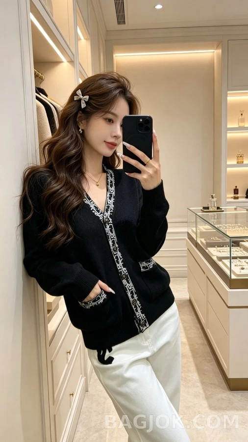 디올 디올 로고 자카드 배색 브이넥 가디건 상세 이미지