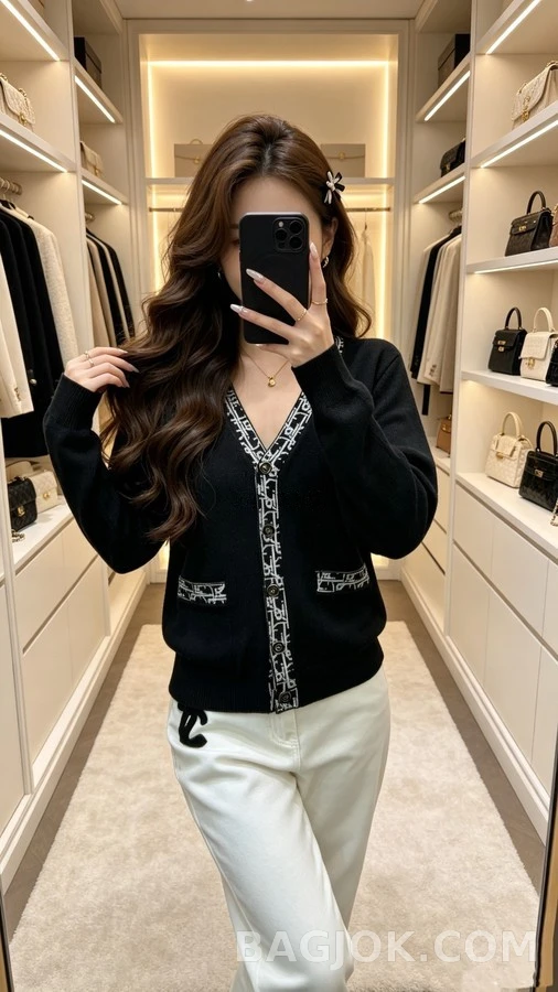 디올 디올 로고 자카드 배색 브이넥 가디건 상세 이미지