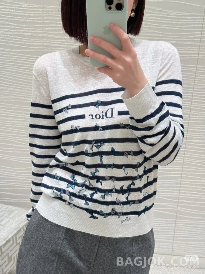디올 디올 리본 자수 스트라이프 긴팔 티셔츠 상세 이미지