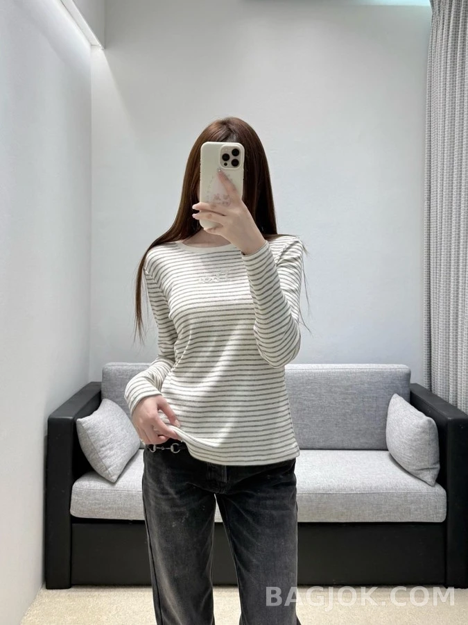디올 디올 스트라이프 자수 긴팔 티셔츠 상세 이미지