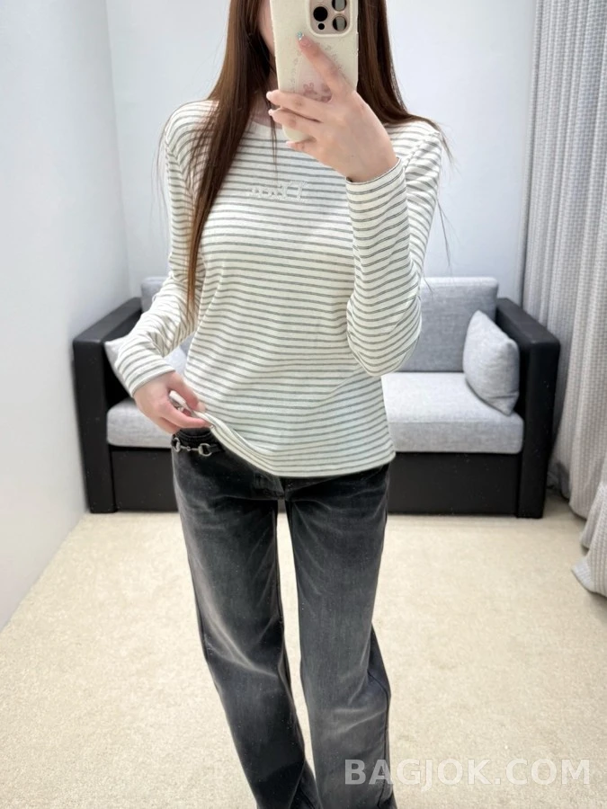 디올 디올 스트라이프 자수 긴팔 티셔츠 상세 이미지
