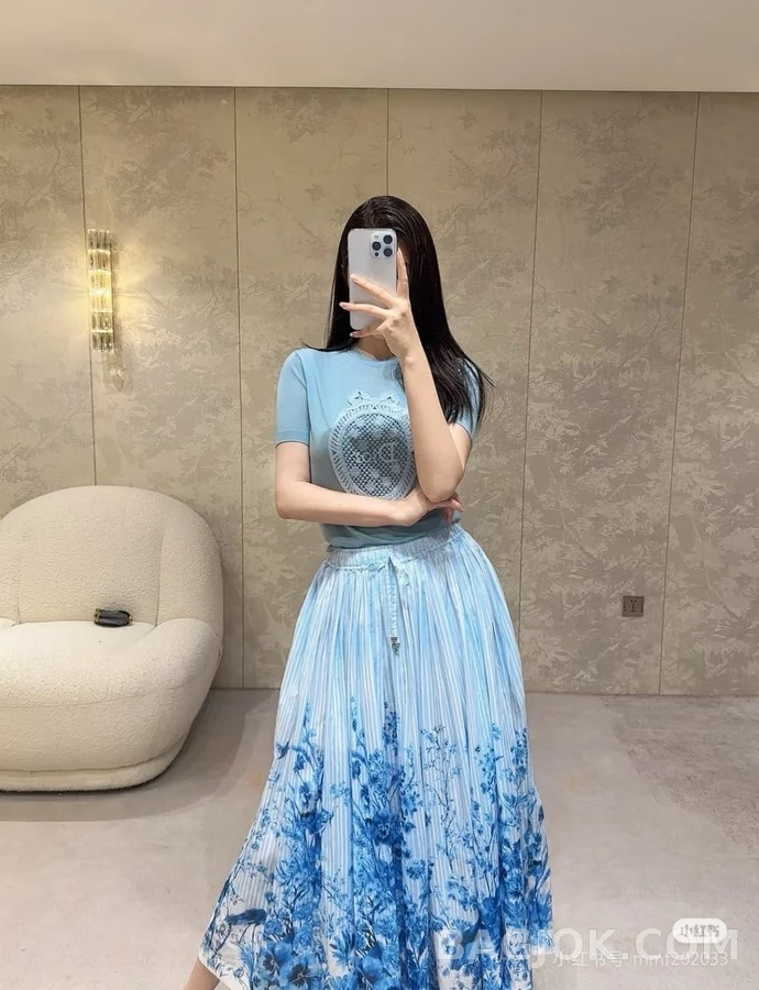 디올 디올 청화자 수묵 화조 프린트 롱 스커트 상세 이미지