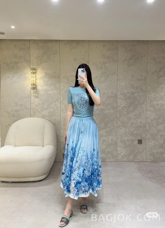 디올 디올 청화자 수묵 화조 프린트 롱 스커트 상세 이미지