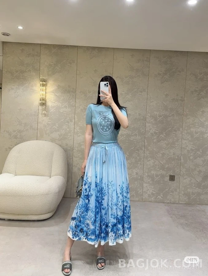 디올 디올 청화자 수묵 화조 프린트 롱 스커트 상세 이미지
