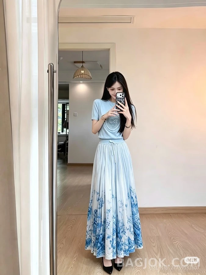 디올 디올 청화자 수묵 화조 프린트 롱 스커트 상세 이미지