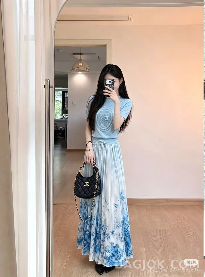 디올 디올 청화자 수묵 화조 프린트 롱 스커트 상세 이미지