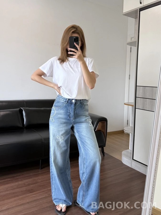 로에베 로에베 워싱 로고 자수 와이드 데님 팬츠 상세 이미지