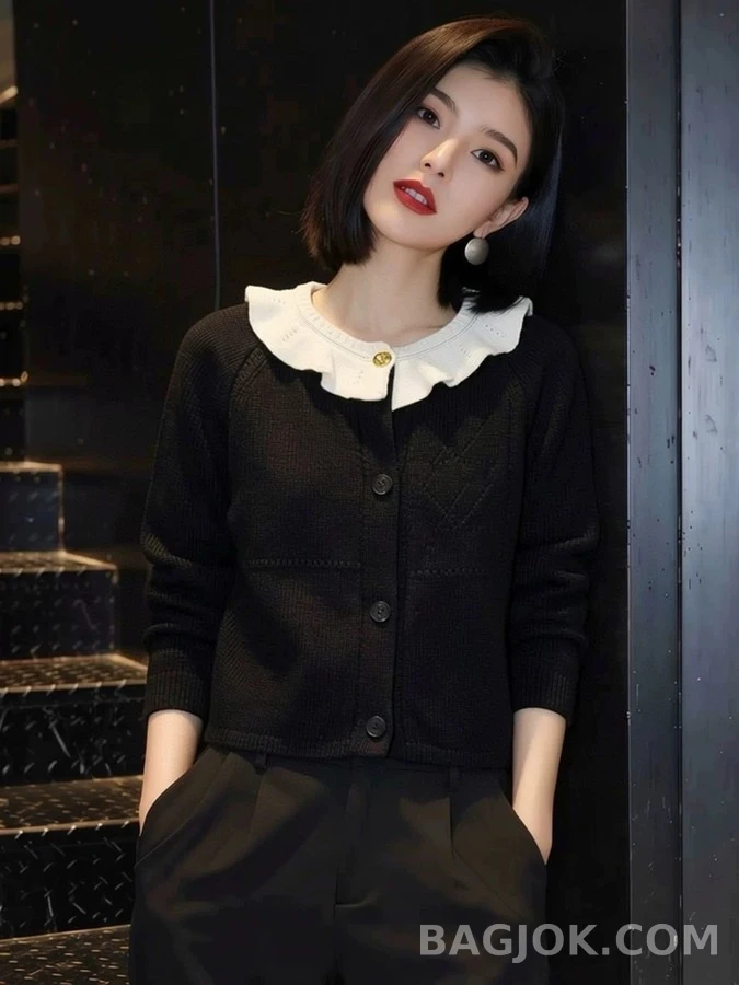 루이비통 루이비통 흑백 러플 카라 니트 가디건 상세 이미지
