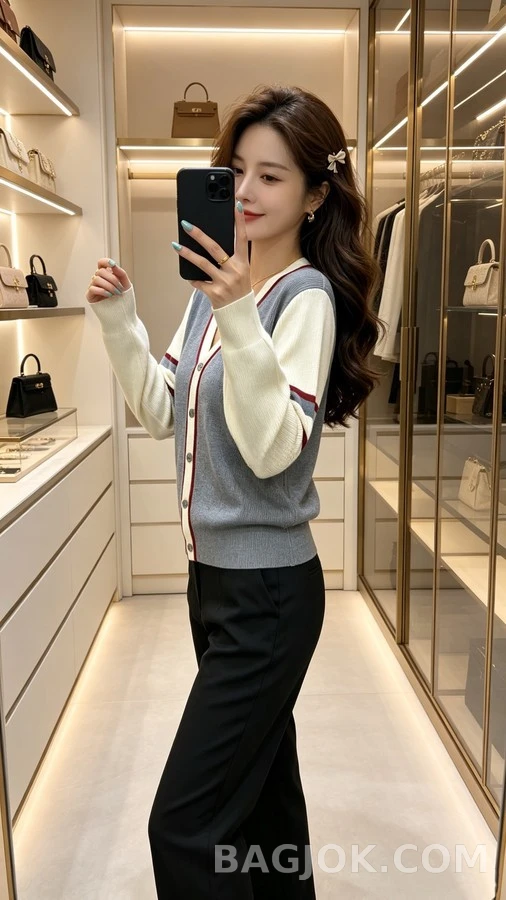 톰브라운 톰브라운 배색 스트라이프 브이넥 가디건 상세 이미지