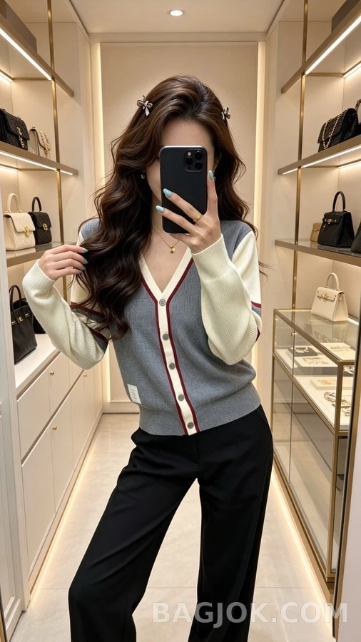 톰브라운 톰브라운 배색 스트라이프 브이넥 가디건 상세 이미지
