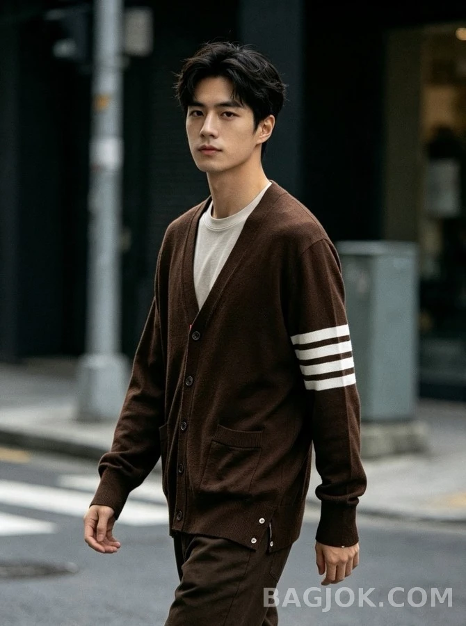 톰브라운 톰브라운 스트라이프 메리노 울 가디건 상세 이미지
