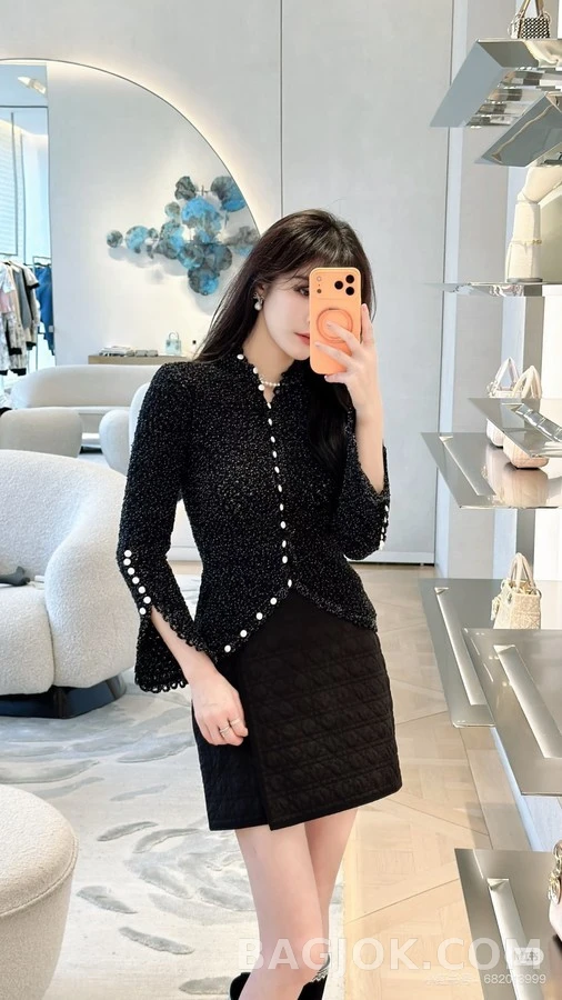 디올 디올 스펙클 하이넥 진주 버튼 가디건 상세 이미지