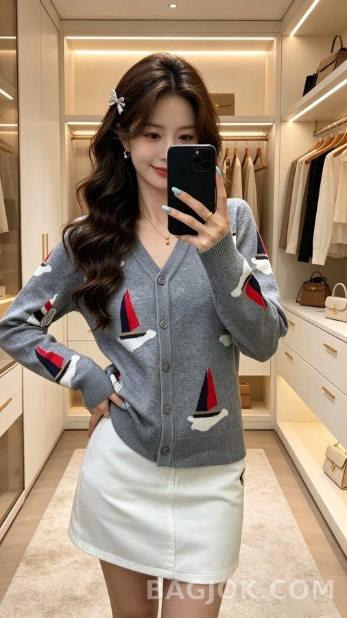 톰브라운 톰브라운 V넥 돛단배 자카드 가디건 상세 이미지