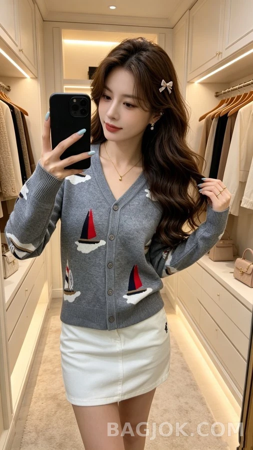 톰브라운 톰브라운 V넥 돛단배 자카드 가디건 상세 이미지
