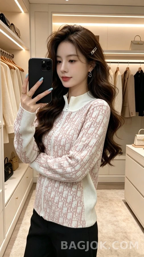 디올 디올 모노그램 자카드 스탠드넥 집업 니트 상세 이미지