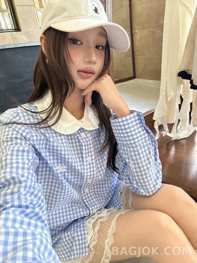 셀린느 셀린느 체크 프릴 카라 셔츠 상세 이미지