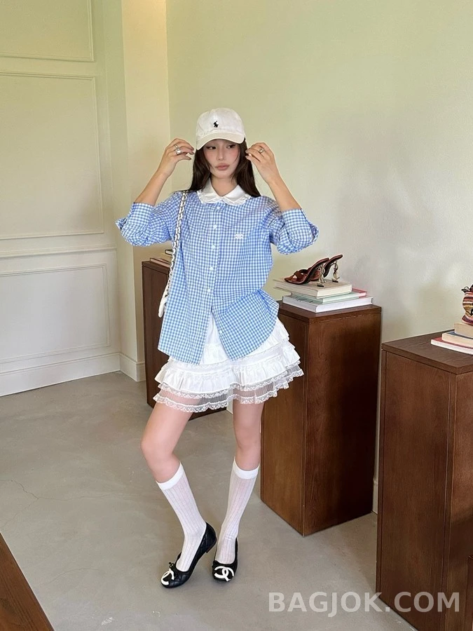 셀린느 셀린느 체크 프릴 카라 셔츠 상세 이미지