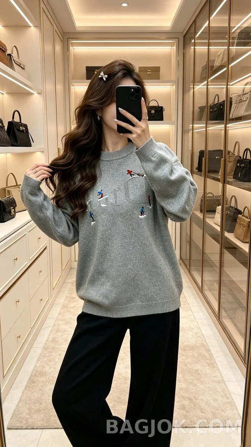 디올 디올 스키 자수 라운드넥 니트 그레이 상세 이미지