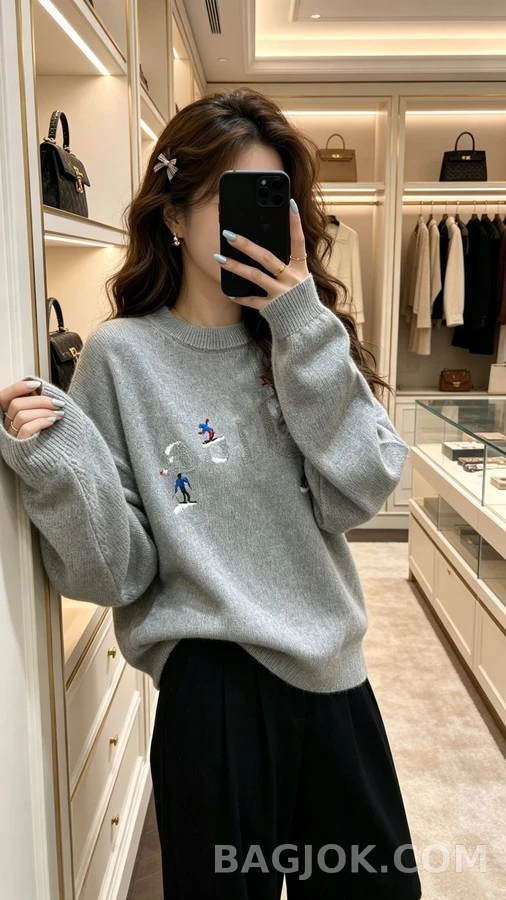 디올 디올 스키 자수 라운드넥 니트 그레이 상세 이미지