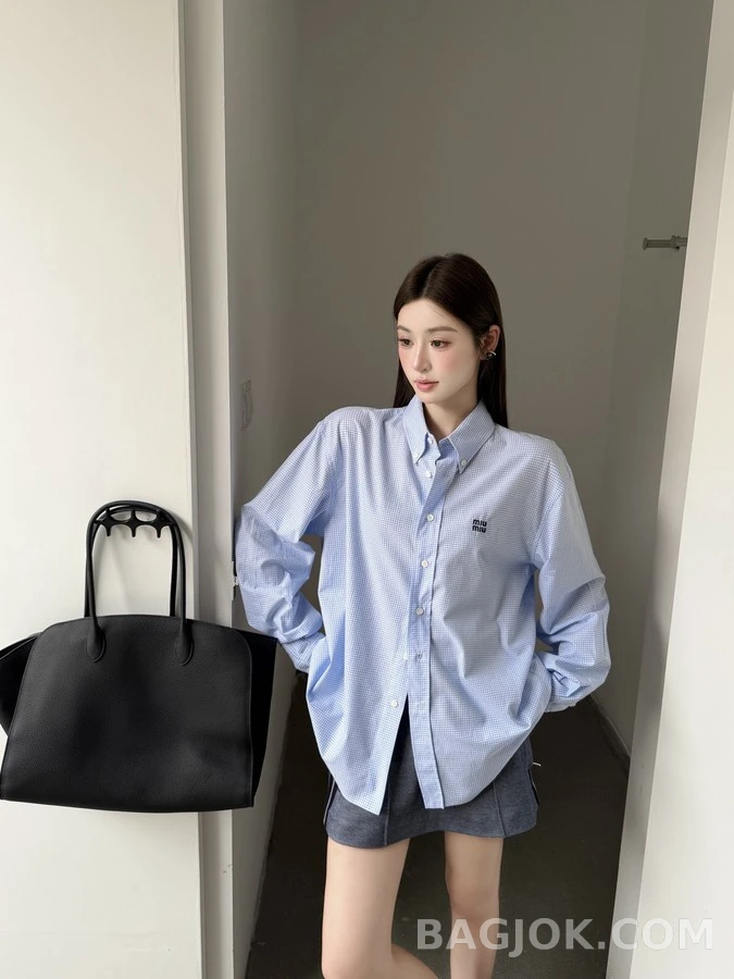 미우미우 미우미우 로고 체크 셔츠 스카이블루 상세 이미지
