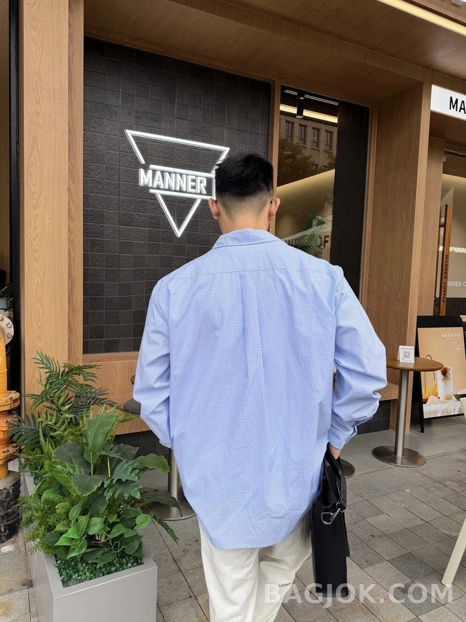 미우미우 미우미우 로고 체크 셔츠 스카이블루 상세 이미지