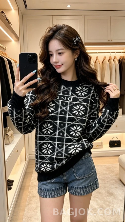 디올 디올 눈꽃 패턴 자카드 니트 상세 이미지
