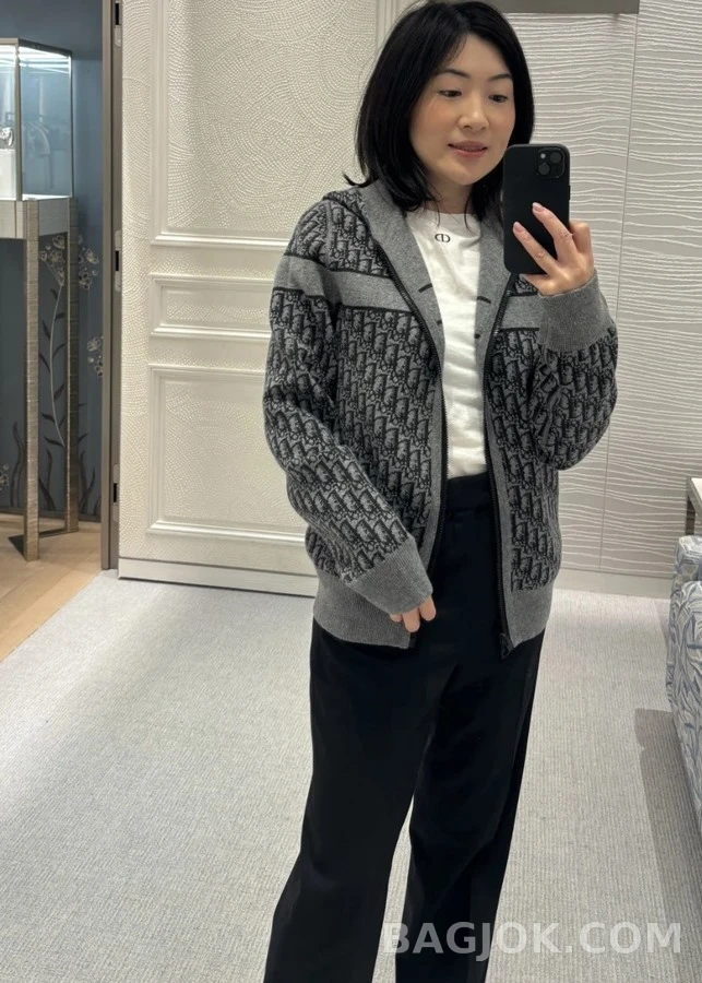 디올 디올 오블리크 라인 배색 캐시미어 후드 집업 니트 상세 이미지