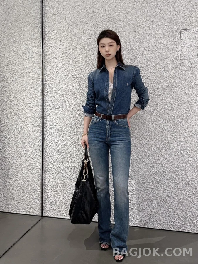 생로랑 세인트로랑 로고 자수 데님 셔츠 상세 이미지