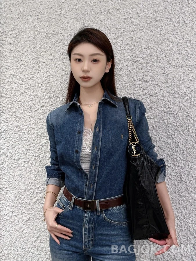 생로랑 세인트로랑 로고 자수 데님 셔츠 상세 이미지
