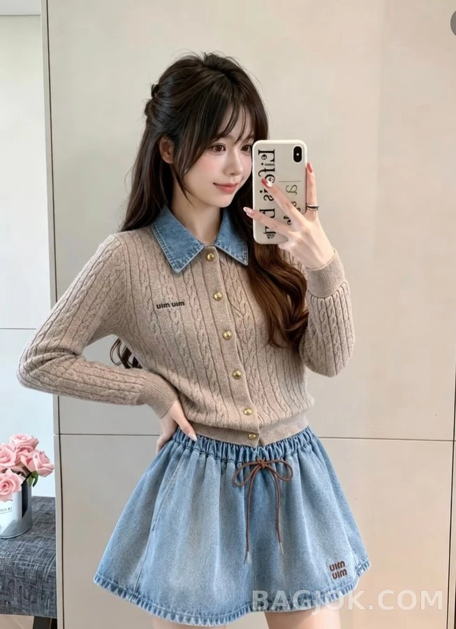 미우미우 미우미우 데님 칼라 케이블 니트 가디건 상세 이미지