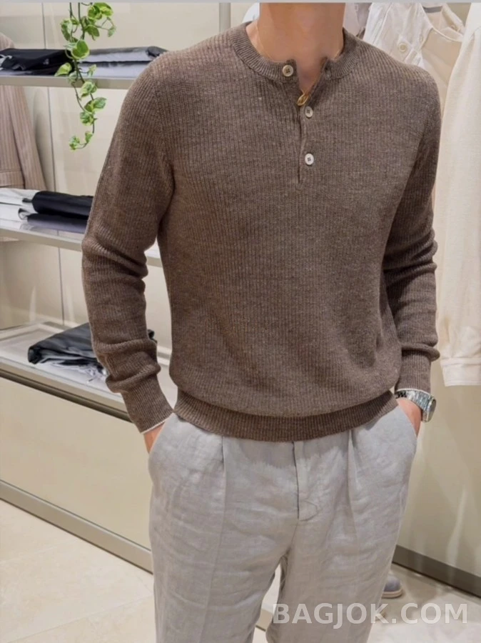 브루넬로 쿠치넬리 브루넬로 쿠치넬리 골지 헨리넥 긴팔 티셔츠 상세 이미지