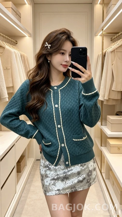 샤넬 샤넬 텍스처드 체인 트림 라운드넥 가디건 상세 이미지