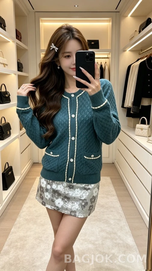 샤넬 샤넬 텍스처드 체인 트림 라운드넥 가디건 상세 이미지