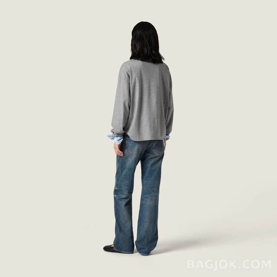 미우미우 미우미우 로고 자수 긴팔 티셔츠 상세 이미지